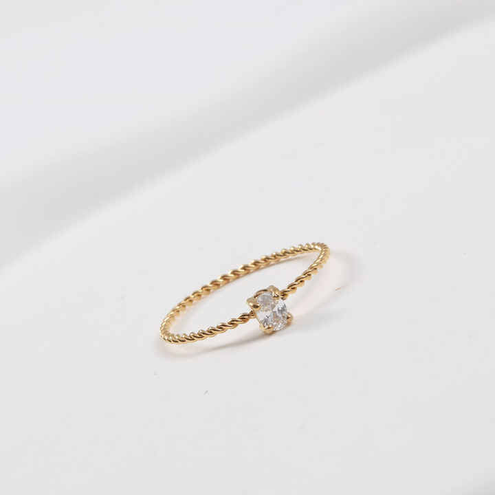 Solitaire Oval CZ Engagement Ring for Women, Thin Rope Chain Band, 18K Gold Plated Stainless Steel Wedding Ring