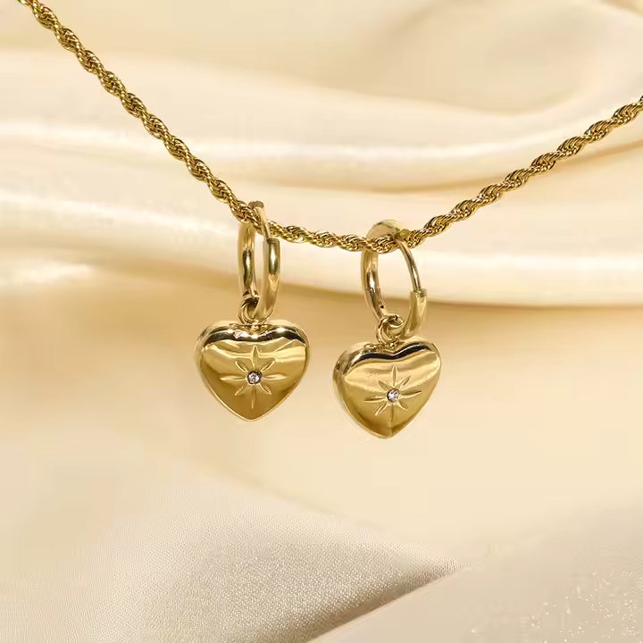 Gold Plated Stainless Steel Heart CZ Dangle Huggie Earrings for Women, Romantic Hoop Design with Sparkling Accent