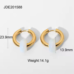Boho Opal Huggie Earrings in Gold Plated Stainless Steel – Black, Green & White Gemstone Minimalist Hoop Set