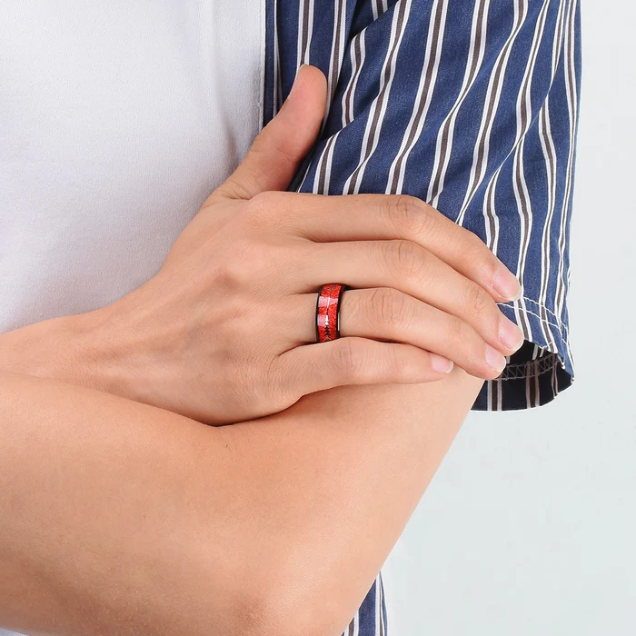 8mm Black Tungsten Carbide Ring with Red or Blue Meteorite Inlay and Deer Arrow Design – Hunter Wedding Band