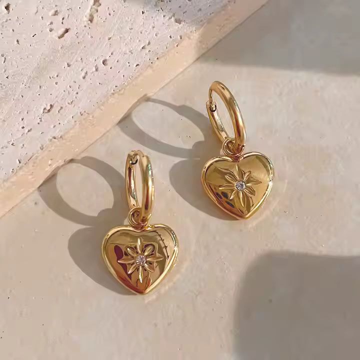 Gold Plated Stainless Steel Heart CZ Dangle Huggie Earrings for Women, Romantic Hoop Design with Sparkling Accent