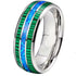 8mm Silver Tungsten Carbide Ring with Green Malachite & Opal Inlay – Domed Unisex Wedding Band – Fashion Engagement Jewelry