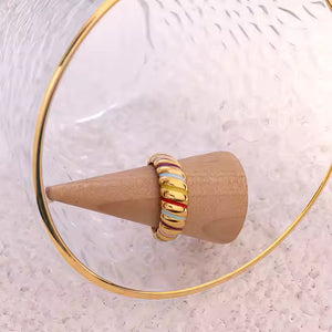 Colorful Enamel Croissant Dome Ring – 18K Gold Plated Stainless Steel, Bold Chunky Band, Modern Statement Jewelry