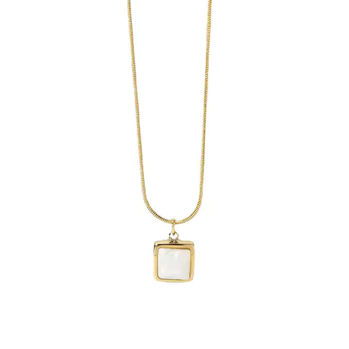 Gold Stainless Steel Necklace with Cushion Mother of Pearl Pendant, Twisted Chain, Elegant Minimalist Jewelry