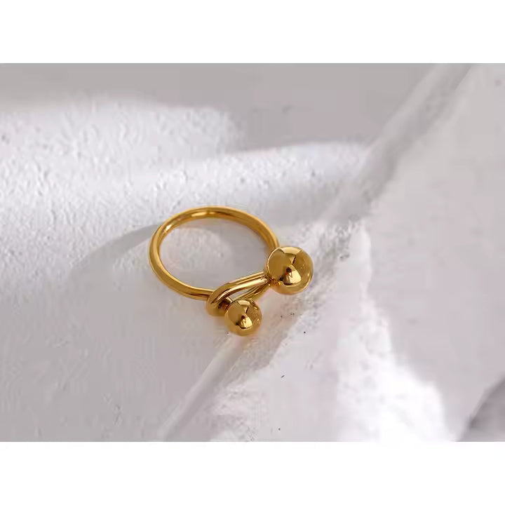 Beaded Knot Stainless Steel Ring – Double Ball Minimalist Fixed Band in Gold or Silver for Everyday Chic Style