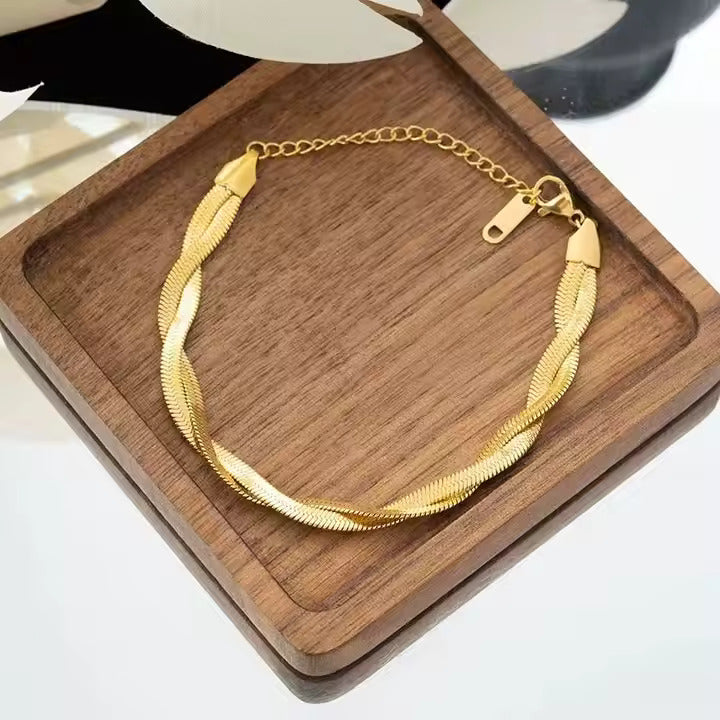 Twisted Herringbone Gold Bracelet – Stainless Steel, Bold & Elegant Everyday Jewelry, Minimalist Style