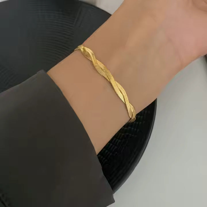 Twisted Herringbone Gold Bracelet – Stainless Steel, Bold & Elegant Everyday Jewelry, Minimalist Style