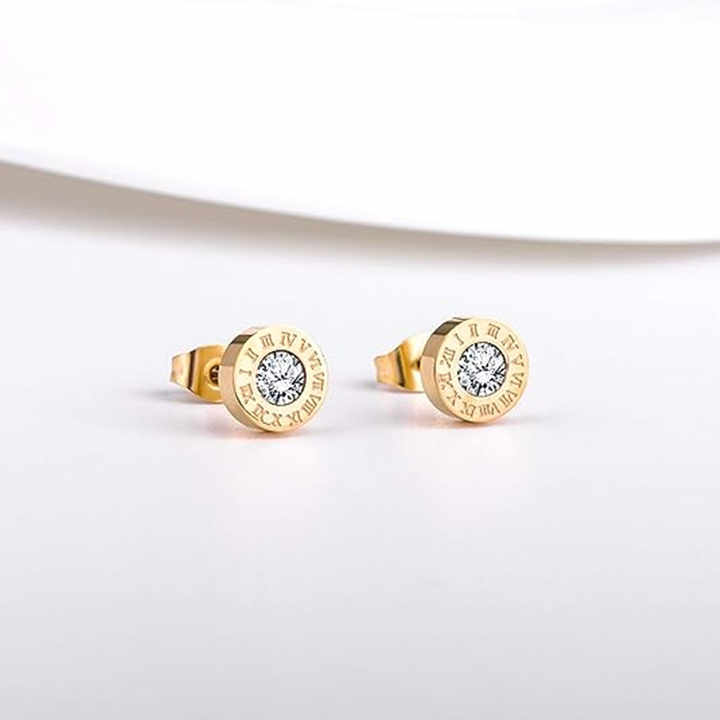 Roman Numeral Stud Earrings with CZ Center, Stainless Steel, Hypoallergenic, Gold, Silver & Rose Gold for Women & Men