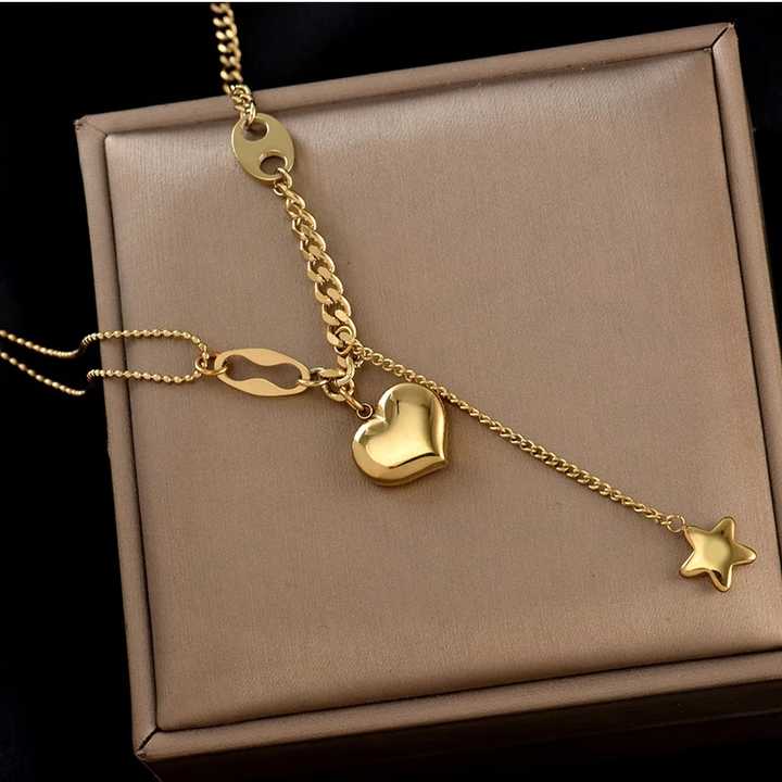 Gold Plated Stainless Steel Double Layer Lariat Necklace with Star, Heart & Symbol Charms – Minimalist Fashion Statement Jewelry