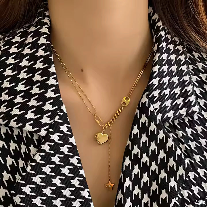 Gold Plated Stainless Steel Double Layer Lariat Necklace with Star, Heart & Symbol Charms – Minimalist Fashion Statement Jewelry