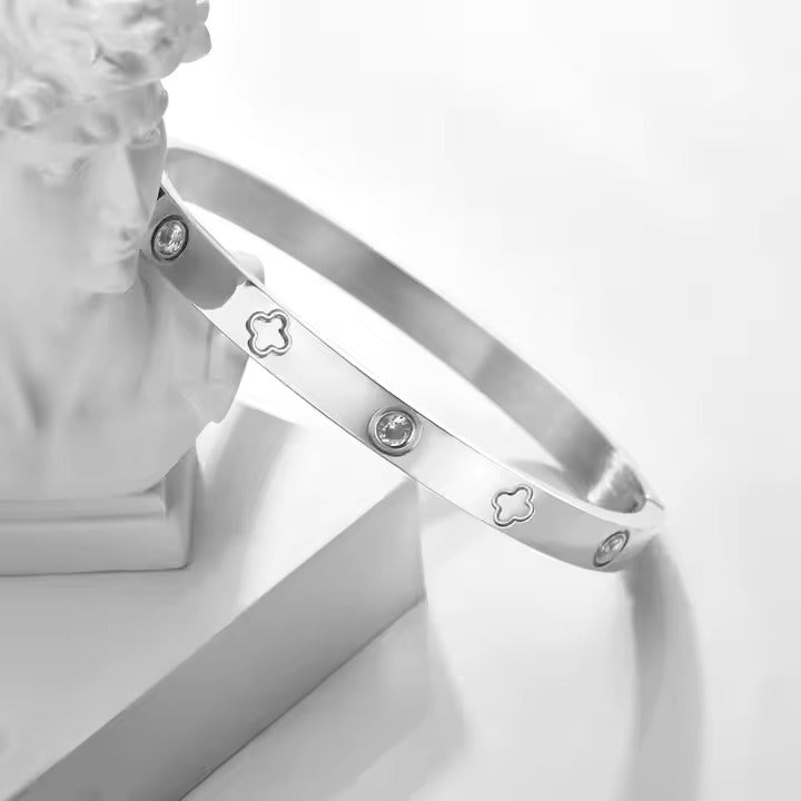 Clover Design CZ Bangle Bracelet, Stainless Steel with Cubic Zirconia, Gold, Silver & Rose Gold Colors Available