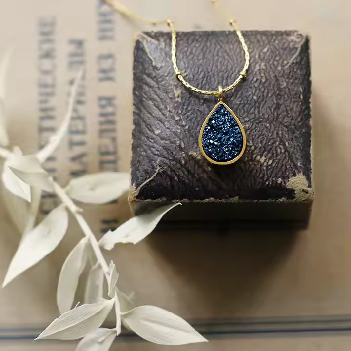 Teardrop Crushed Blue Crystal Necklace, Stainless Steel, Gold Plated Beaded Chain, Elegant Minimalist Jewelry
