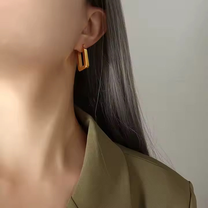 Geometric U-Shape Rectangle Earrings – 18K Gold Plated or Silver Stainless Steel Minimalist Drop Studs