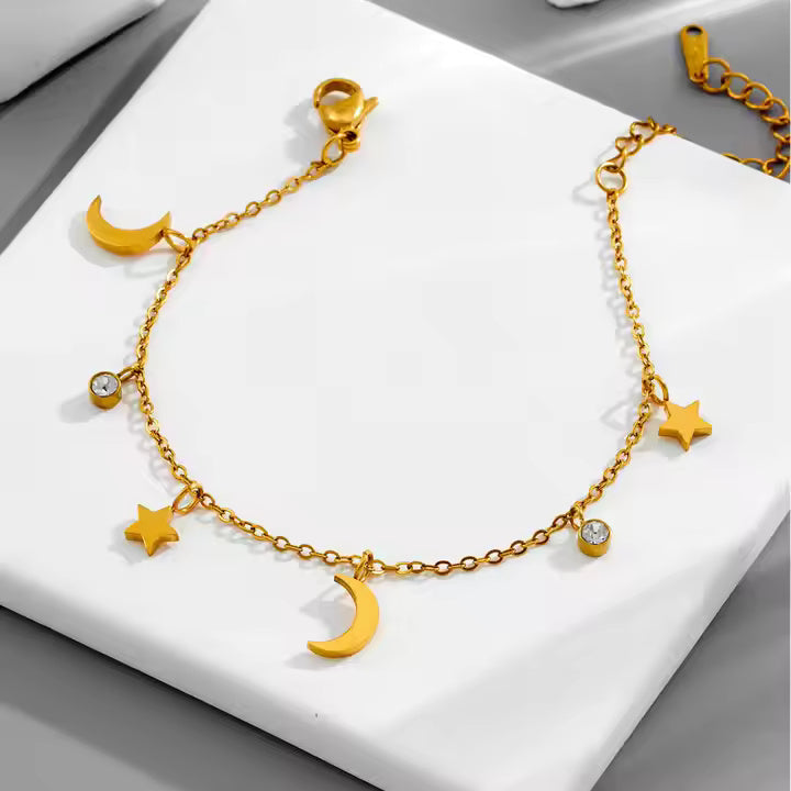 Stainless Steel Multi-Charm Dangle Anklet or Bracelet – Star, Heart, CZ Accents – Gold, Silver & Rose Gold Ankle Jewelry