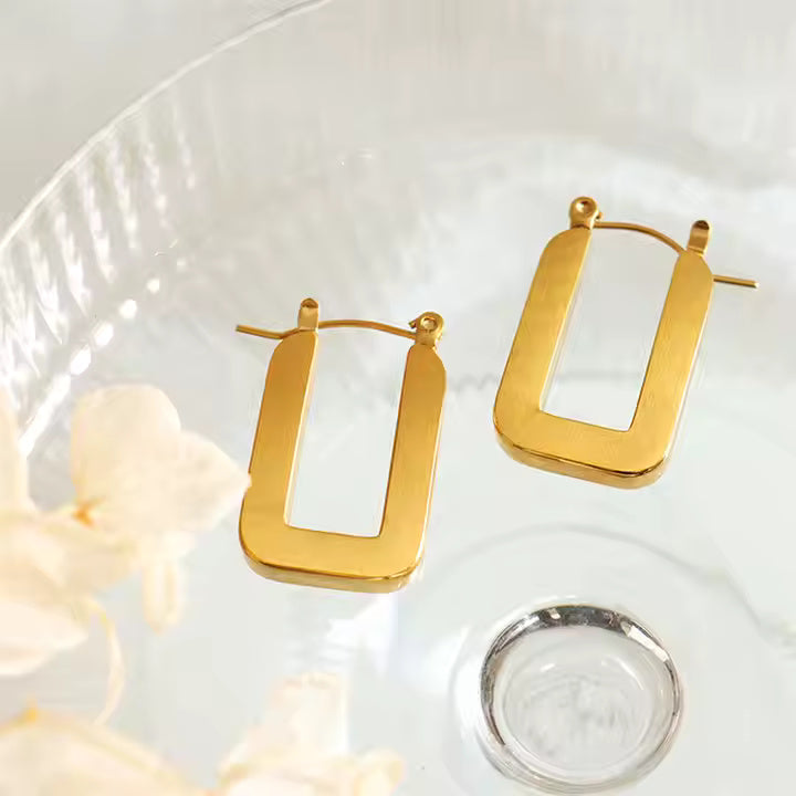 Geometric U-Shape Rectangle Earrings – 18K Gold Plated or Silver Stainless Steel Minimalist Drop Studs