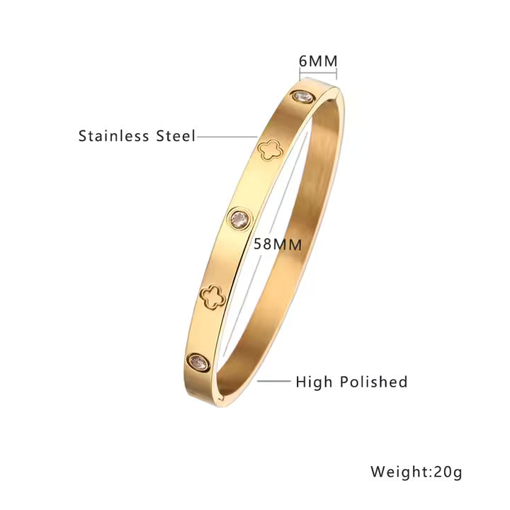 Clover Design CZ Bangle Bracelet, Stainless Steel with Cubic Zirconia, Gold, Silver & Rose Gold Colors Available