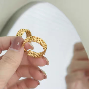 Gold Plated Stainless Steel Chunky Twist Circle Earrings – Bold Stud Huggie Style with Statement CC-Inspired Design