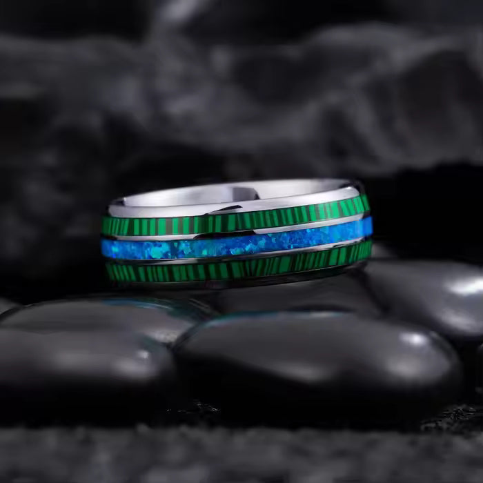 8mm Silver Tungsten Carbide Ring with Green Malachite & Opal Inlay – Domed Unisex Wedding Band – Fashion Engagement Jewelry