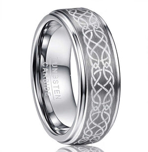 8mm Tungsten Carbide Wedding Band – Laser Engraved Celtic Knot Ring with Stepped Edges and Matte Brushed Finish