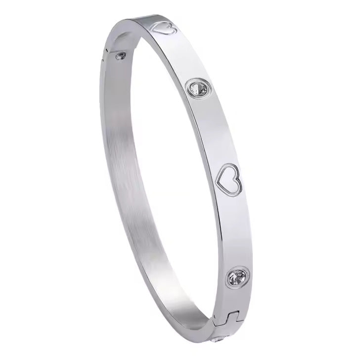 Heart Engraved CZ Bangle Bracelet, Stainless Steel with Sparkling Cubic Zirconia in Gold, Silver, Rose Gold