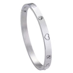 Heart Engraved CZ Bangle Bracelet, Stainless Steel with Sparkling Cubic Zirconia in Gold, Silver, Rose Gold