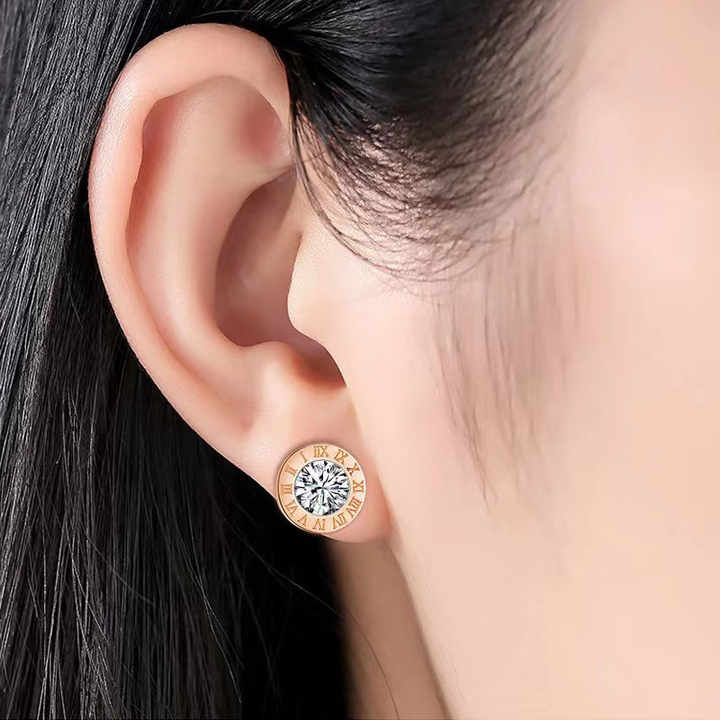 Roman Numeral Stud Earrings with CZ Center, Stainless Steel, Hypoallergenic, Gold, Silver & Rose Gold for Women & Men