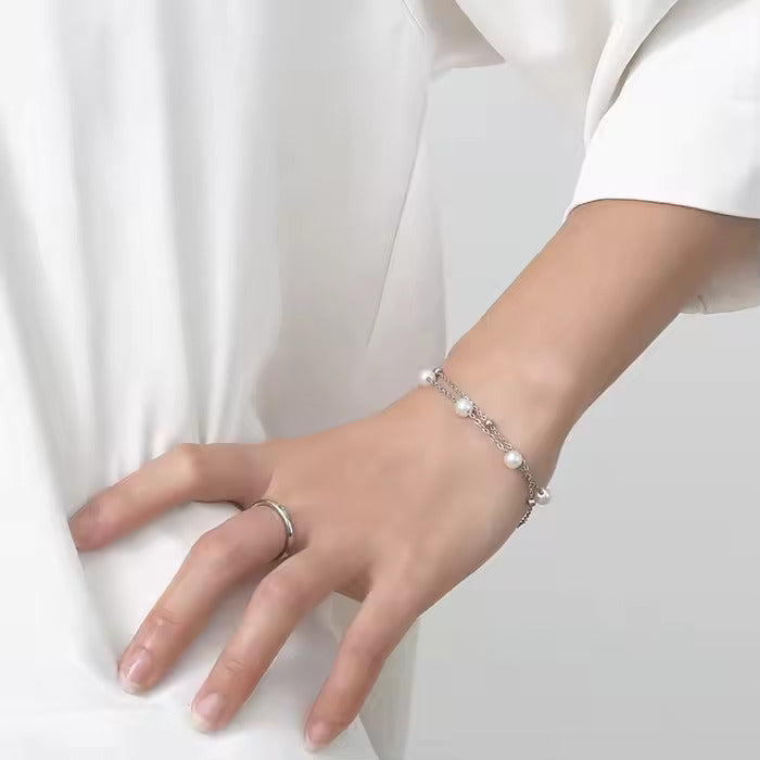 Dainty Pearl Beaded Chain Bracelet, Double Layer Stainless Steel in Gold or Silver, Adjustable Fit