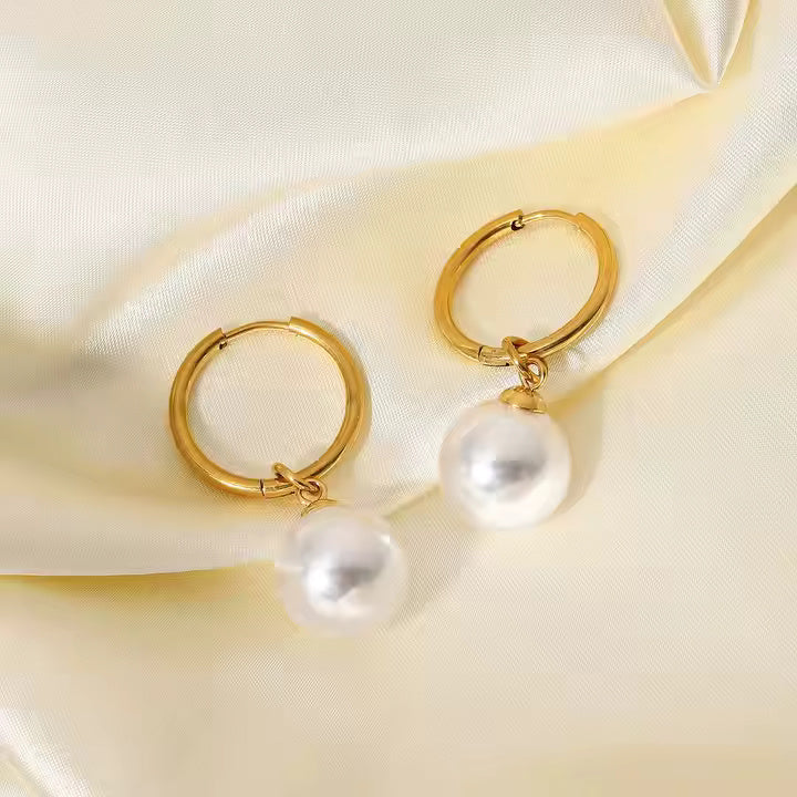 Gold Plated Stainless Steel Huggie Hoop Earrings with Drop Freshwater Pearl – Elegant Minimalist Dangle Style