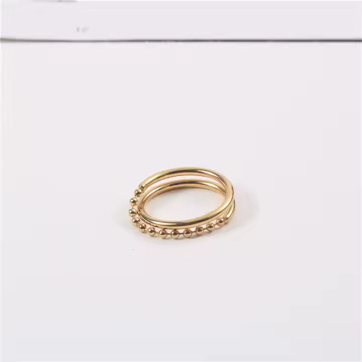 Double Layer Beaded Chain Ring – 18K Gold Plated Stainless Steel Statement Band with Minimalist Stacked Design