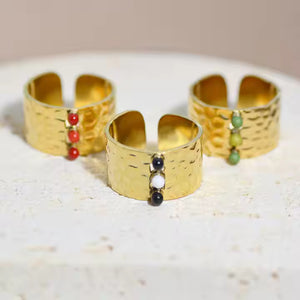 Adjustable Wide Nature Stone Ring – Minimalist 18K Gold Plated Stainless Steel Band with Natural Gemstone Inlay