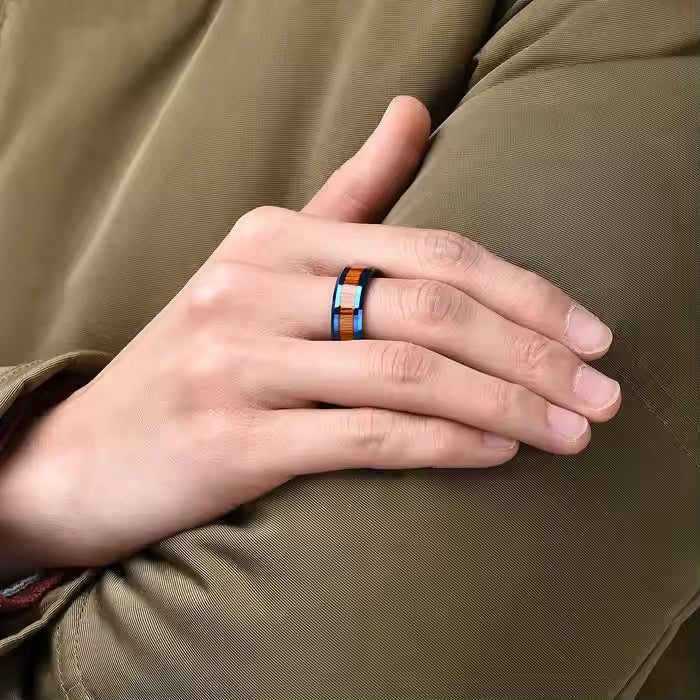 8mm Blue Tungsten Carbide Wedding Band Ring with Wood Inlay – Rustic & Modern Style for Men and Women – Comfort Fit