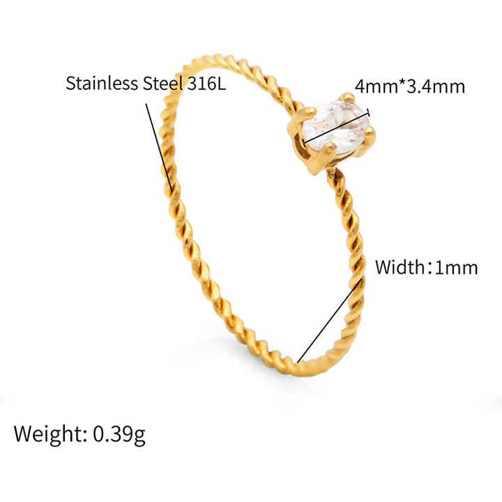 Solitaire Oval CZ Engagement Ring for Women, Thin Rope Chain Band, 18K Gold Plated Stainless Steel Wedding Ring