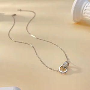 Stainless Steel Double Ring Necklace – Interlocking CZ Eternity Circles, Minimalist Jewelry in Gold and Silver