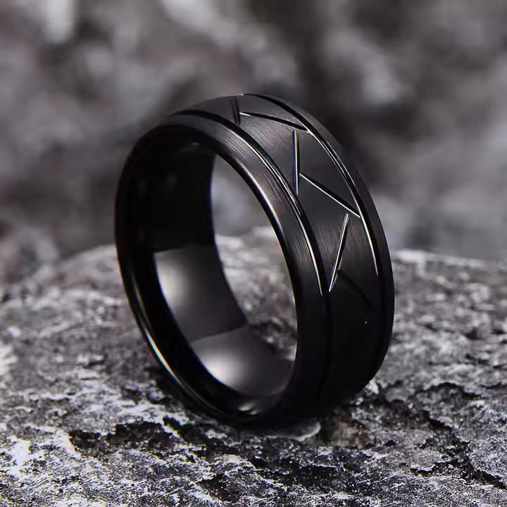 8mm Tungsten Carbide Wedding Band Ring – Domed Grooved Brushed Design – Comfort Fit for Men in Silver or Black