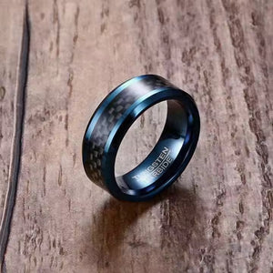 8mm Tungsten Carbide Ring for Men with Black Carbon Fiber Inlay – Available in Blue or Silver Finish – Wedding Band