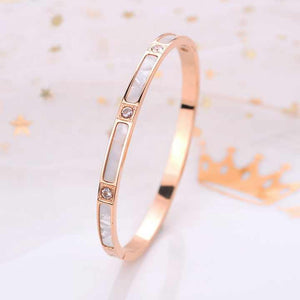 Rose Gold Titanium Bangle Bracelet for Women with Mother of Pearl and CZ Inlay – Elegant Minimalist Jewelry