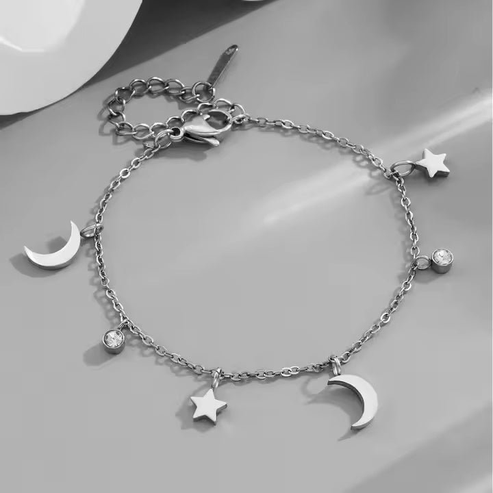 Stainless Steel Multi-Charm Dangle Anklet or Bracelet – Star, Heart, CZ Accents – Gold, Silver & Rose Gold Ankle Jewelry