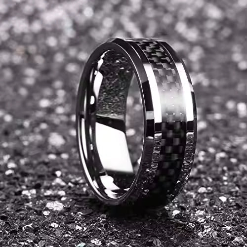 8mm Tungsten Carbide Ring for Men with Black Carbon Fiber Inlay – Available in Blue or Silver Finish – Wedding Band