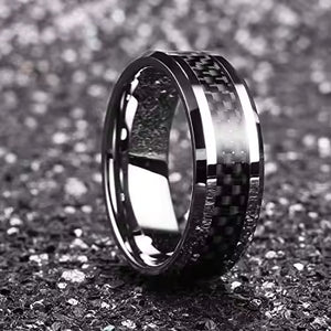 8mm Tungsten Carbide Ring for Men with Black Carbon Fiber Inlay – Available in Blue or Silver Finish – Wedding Band