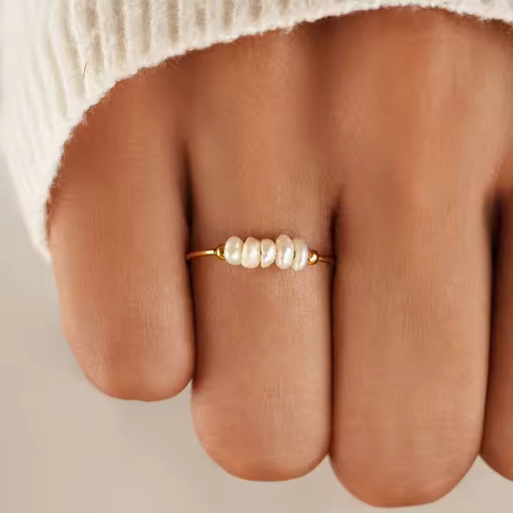 Thin Freshwater Pearl Stackable Ring for Women, Stainless Steel Band in Gold or Silver, Minimalist Design