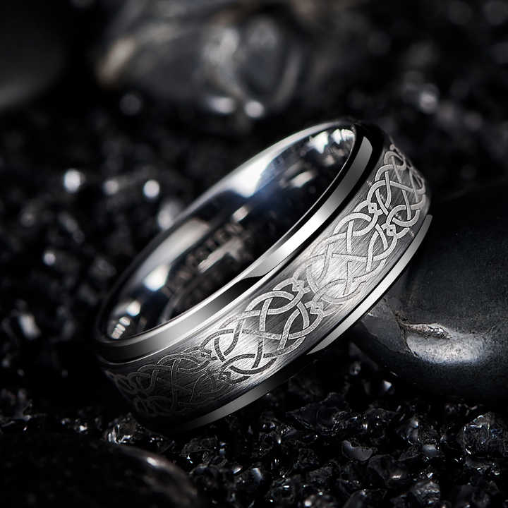 8mm Tungsten Carbide Wedding Band – Laser Engraved Celtic Knot Ring with Stepped Edges and Matte Brushed Finish
