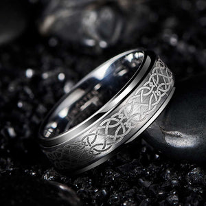 8mm Tungsten Carbide Wedding Band – Laser Engraved Celtic Knot Ring with Stepped Edges and Matte Brushed Finish