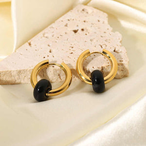 Boho Opal Huggie Earrings in Gold Plated Stainless Steel – Black, Green & White Gemstone Minimalist Hoop Set