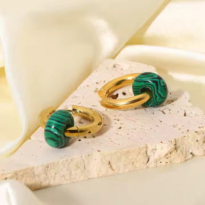 Boho Opal Huggie Earrings in Gold Plated Stainless Steel – Black, Green & White Gemstone Minimalist Hoop Set