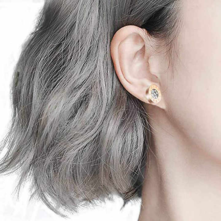 Roman Numeral Stud Earrings with CZ Center, Stainless Steel, Hypoallergenic, Gold, Silver & Rose Gold for Women & Men
