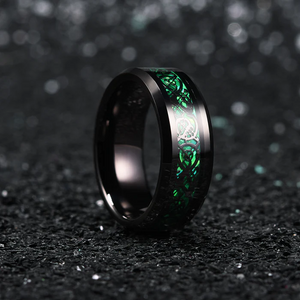 8mm Black Tungsten Carbide Wedding Band with Celtic Dragon Inlay – Red or Green Pattern – Unique Ring for Men, Comfort Fit