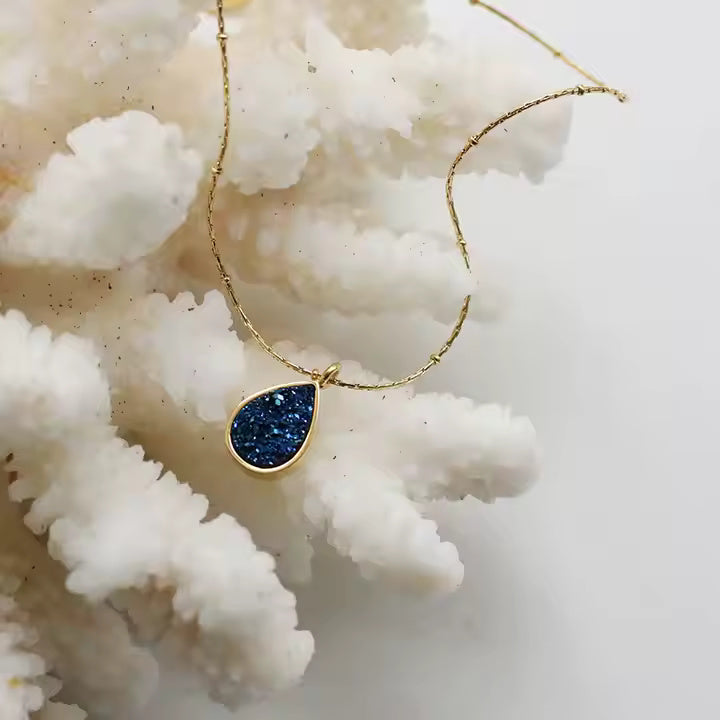 Teardrop Crushed Blue Crystal Necklace, Stainless Steel, Gold Plated Beaded Chain, Elegant Minimalist Jewelry