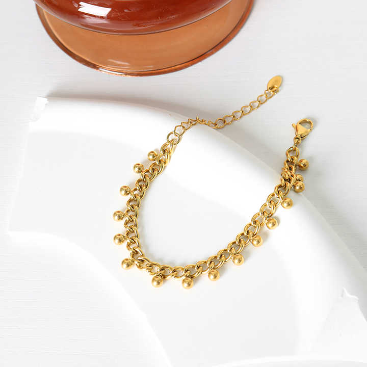 18K Gold Plated Stainless Steel Dangle Ball Chain Bracelet – Cuban Link Gold Chain for Women, Modern Style