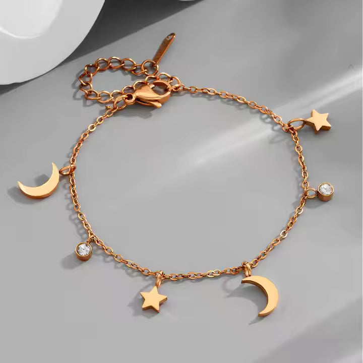 Stainless Steel Multi-Charm Dangle Anklet or Bracelet – Star, Heart, CZ Accents – Gold, Silver & Rose Gold Ankle Jewelry