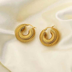 Gold Plated Stainless Steel Chunky Hollow Hoop Earrings – Spiral Screw Thread Design, Bold and Stylish Statement